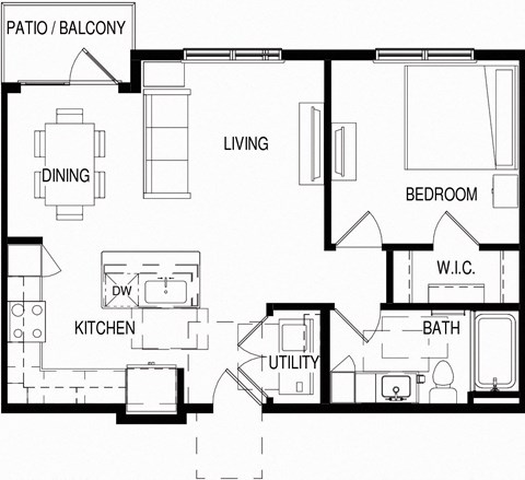 Floor plan for 1 bed, 1 bath, 691 sqft